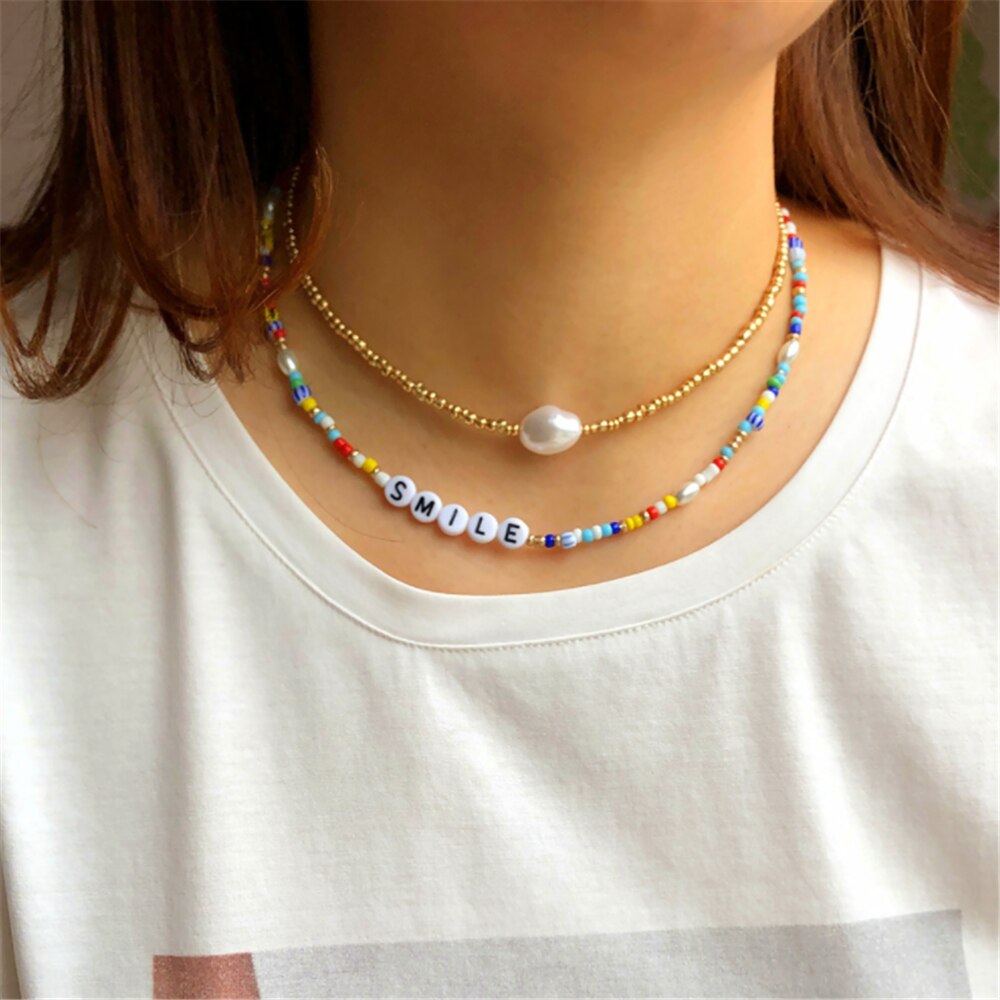 DIEZI Ethnic Multilayer Imitation Pearl Choker Necklace For Women Multicolor Acrylic Beads Letters Chain Necklace Jewelry