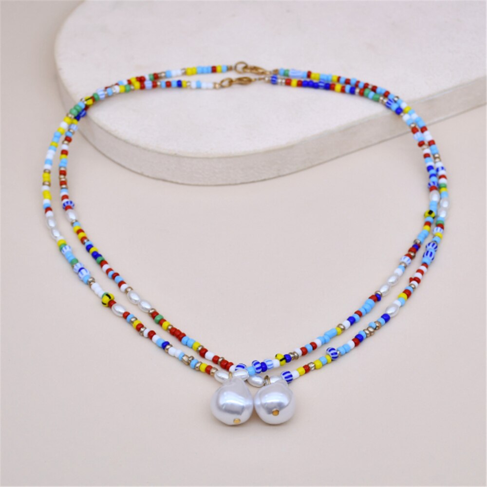 DIEZI Ethnic Multilayer Imitation Pearl Choker Necklace For Women Multicolor Acrylic Beads Letters Chain Necklace Jewelry