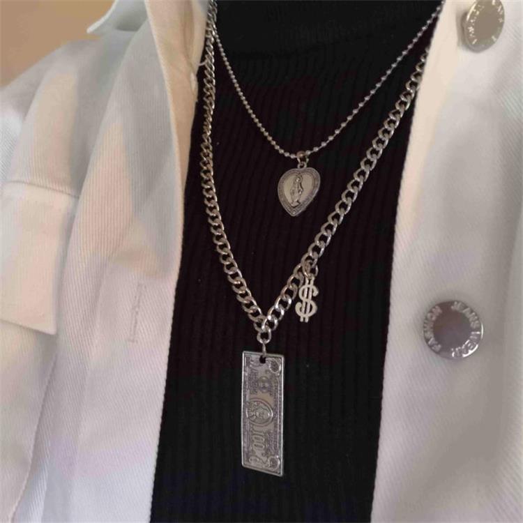 DIEZI Multilayer Silver Color Chain Coin Heart Necklace Couple Hip Hop Punk Geometric Pendant Necklaces for Women Men