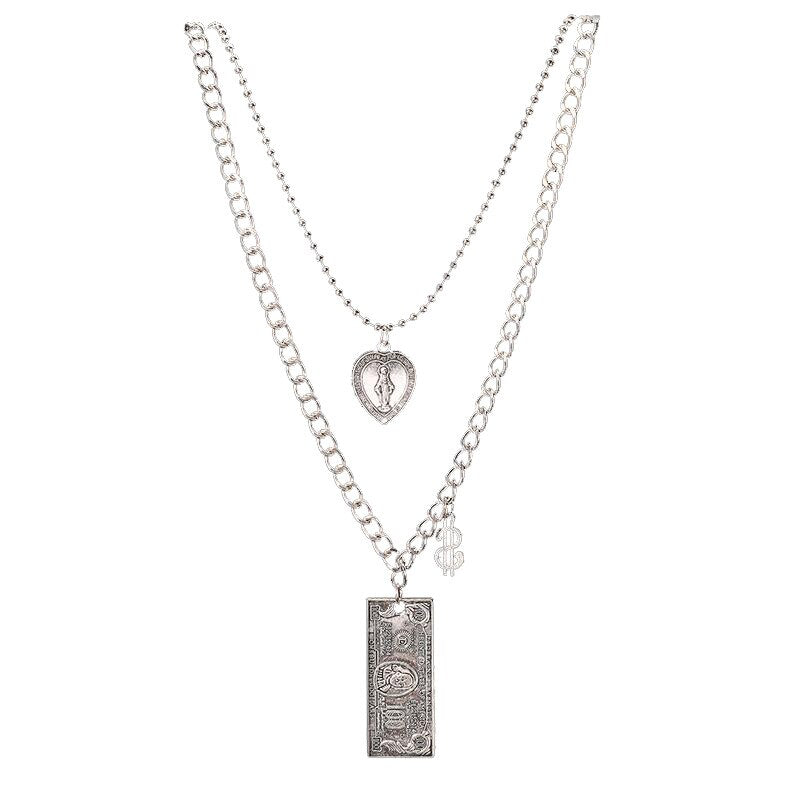 DIEZI Multilayer Silver Color Chain Coin Heart Necklace Couple Hip Hop Punk Geometric Pendant Necklaces for Women Men