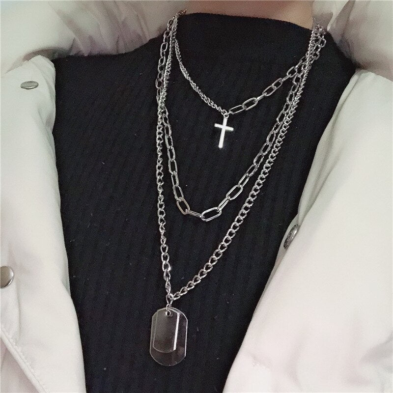 DIEZI Multilayer Silver Color Chain Coin Heart Necklace Couple Hip Hop Punk Geometric Pendant Necklaces for Women Men
