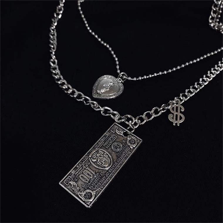 DIEZI Multilayer Silver Color Chain Coin Heart Necklace Couple Hip Hop Punk Geometric Pendant Necklaces for Women Men