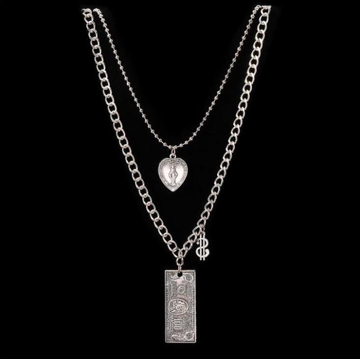 DIEZI Multilayer Silver Color Chain Coin Heart Necklace Couple Hip Hop Punk Geometric Pendant Necklaces for Women Men