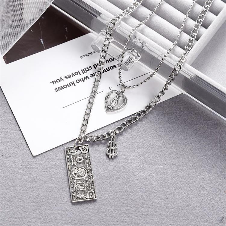 DIEZI Multilayer Silver Color Chain Coin Heart Necklace Couple Hip Hop Punk Geometric Pendant Necklaces for Women Men