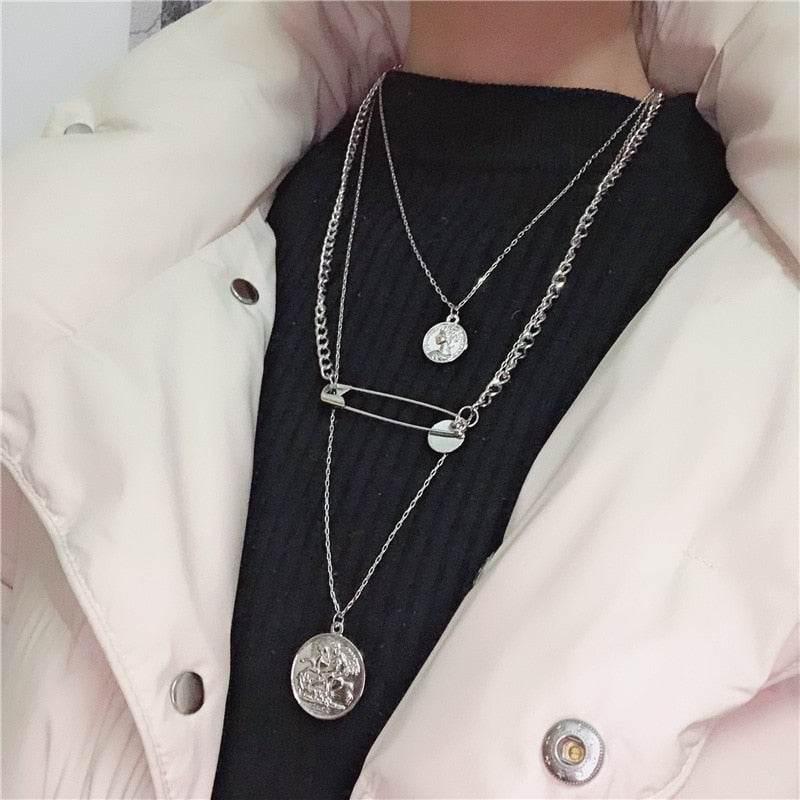 DIEZI Hip Hop Vintage Multilayer Silver Plated Color Chain Coin Pendant Necklace Punk Geometric Pendant Necklace for Women Men