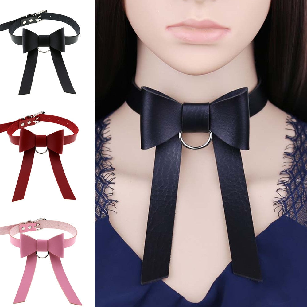 DIEZI Multicolor Gothic Harajuku Vintage Bowknot Circle PU Leather Choker Necklace Women Punk Collar Statement Necklaces Jewelry
