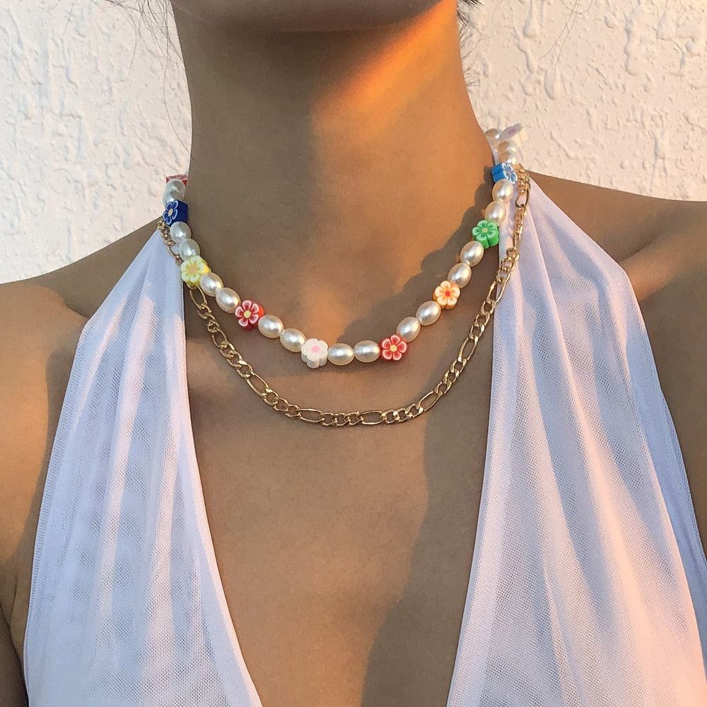 DIEZI Multilayer Bohemian Imitation Pearl Chain Necklace For Women Korean Multicolor Flower Beads Choker Necklace Girls Jewelry