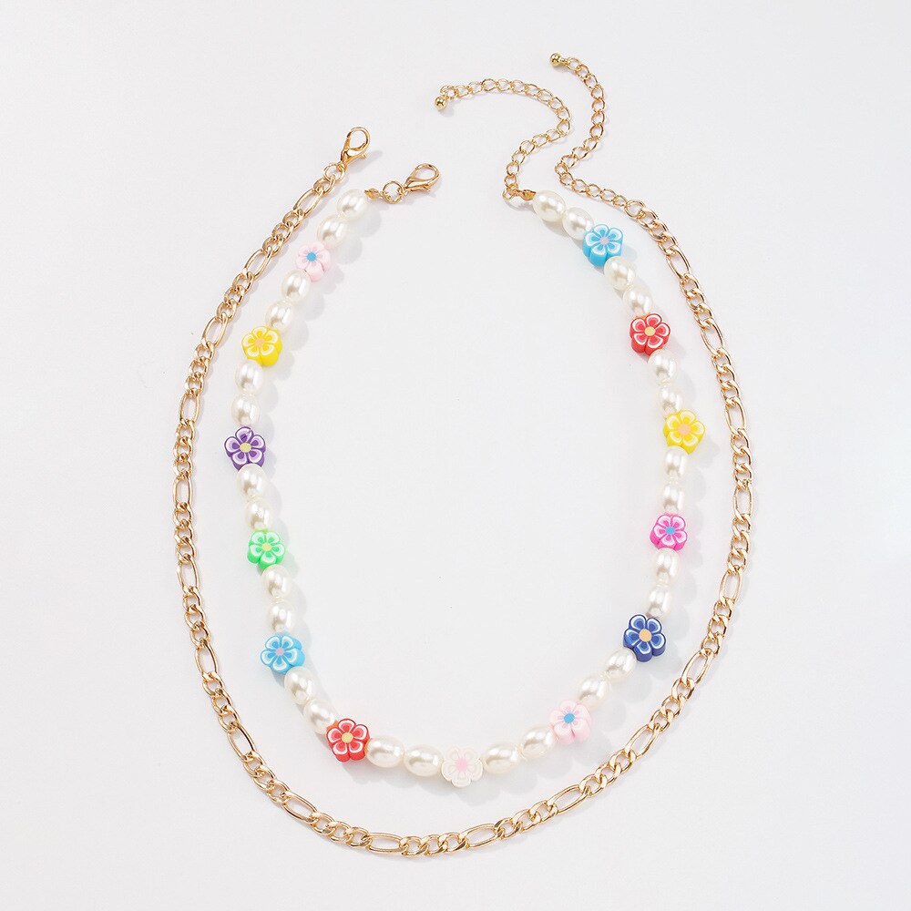 DIEZI Multilayer Bohemian Imitation Pearl Chain Necklace For Women Korean Multicolor Flower Beads Choker Necklace Girls Jewelry