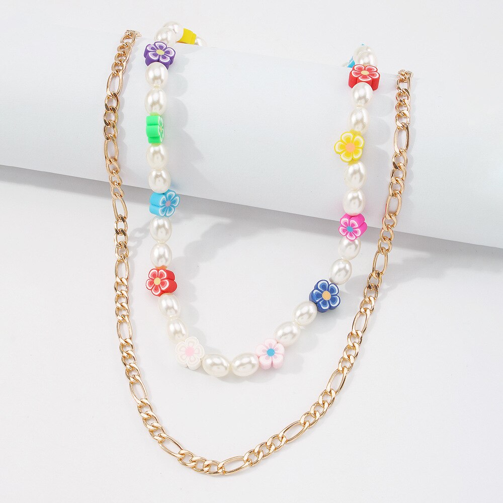 DIEZI Multilayer Bohemian Imitation Pearl Chain Necklace For Women Korean Multicolor Flower Beads Choker Necklace Girls Jewelry