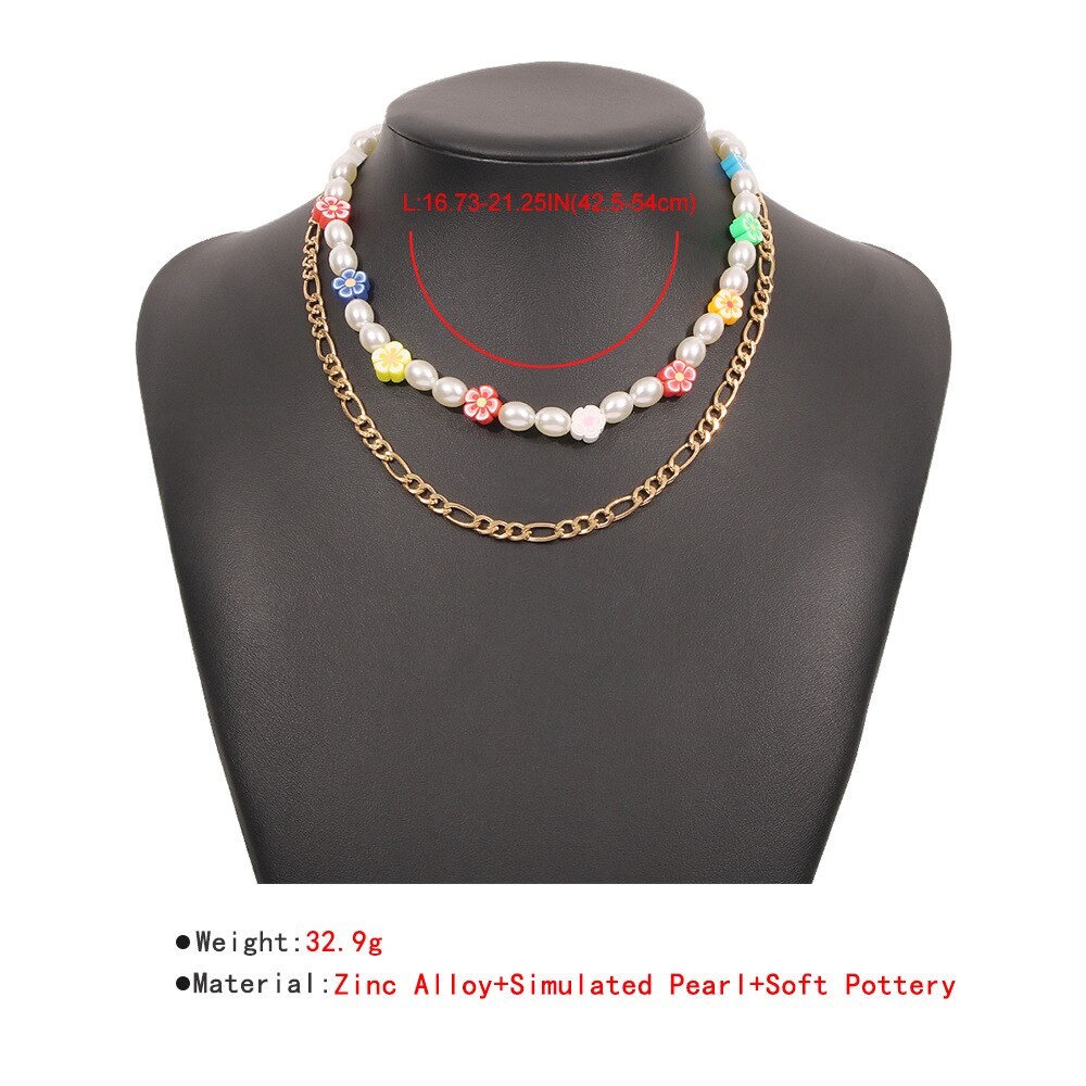 DIEZI Multilayer Bohemian Imitation Pearl Chain Necklace For Women Korean Multicolor Flower Beads Choker Necklace Girls Jewelry