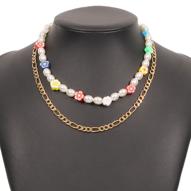 DIEZI Multilayer Bohemian Imitation Pearl Chain Necklace For Women Korean Multicolor Flower Beads Choker Necklace Girls Jewelry