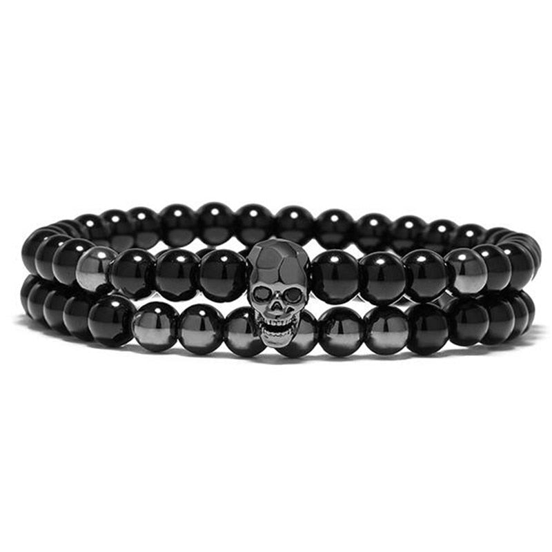 DIEZI One Sets 6mm Black Energy Yoga Skull Charm Bracelet For Men Women Natural Stones Buddhist Strand Beads Bracelets Jewelry