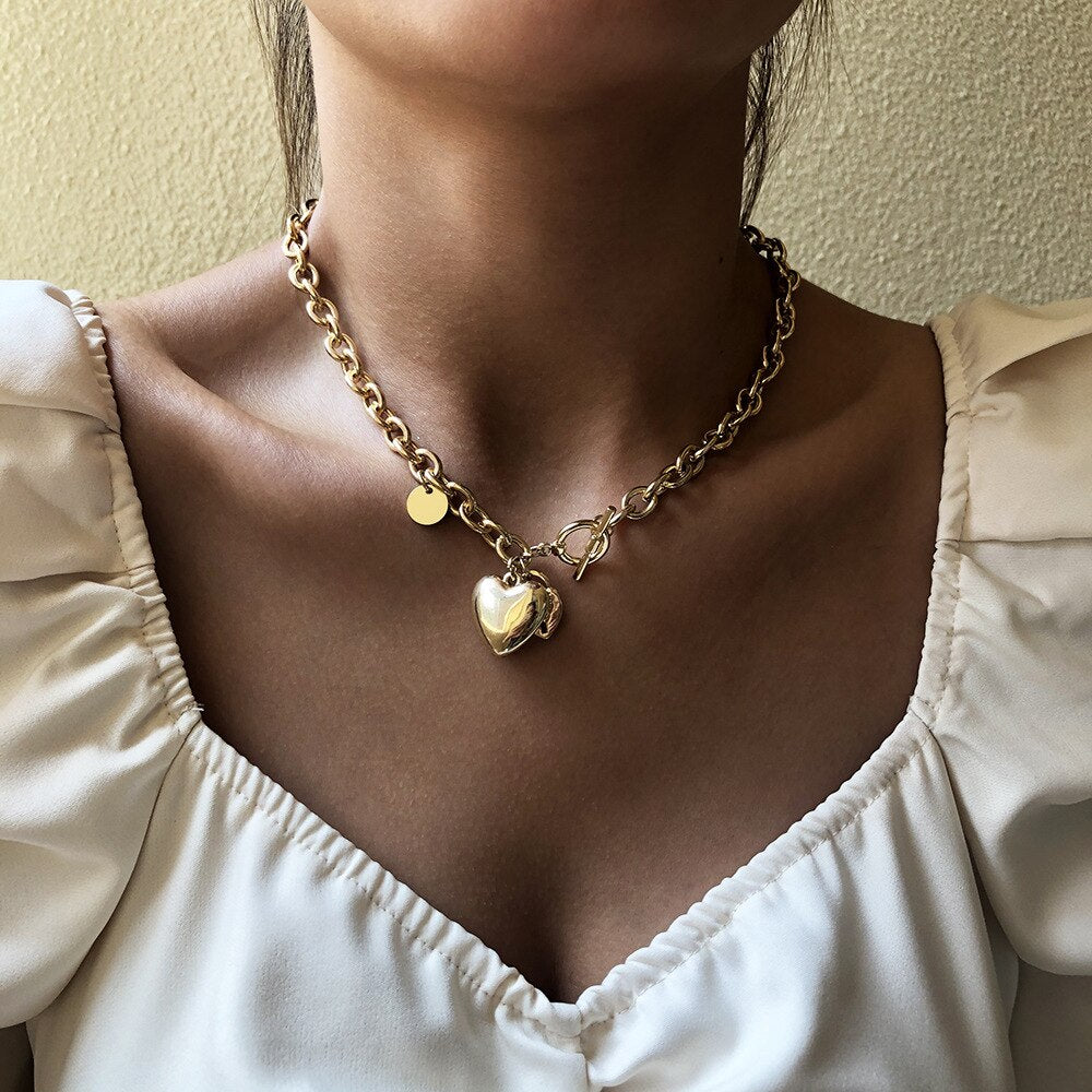 DIEZI Punk Vintage Double Heart Pendant Necklaces Neck clavicle Thick Chain Collares Choker Necklace Women Jewelry 2021 New