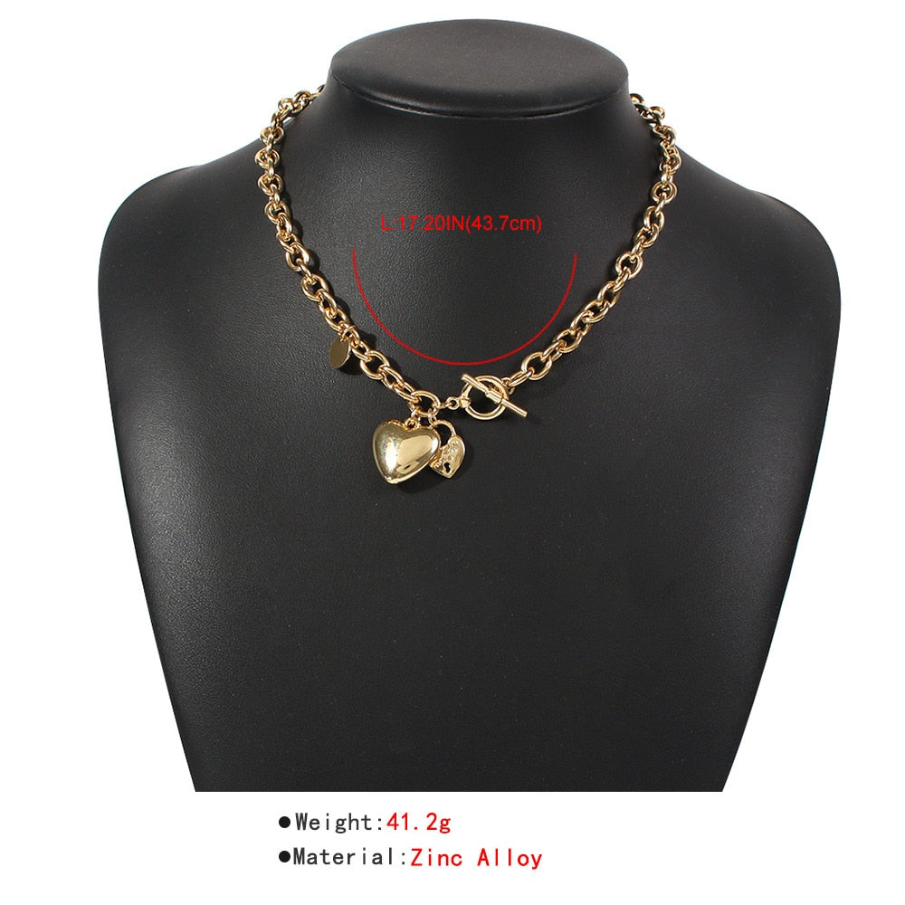 DIEZI Punk Vintage Double Heart Pendant Necklaces Neck clavicle Thick Chain Collares Choker Necklace Women Jewelry 2021 New