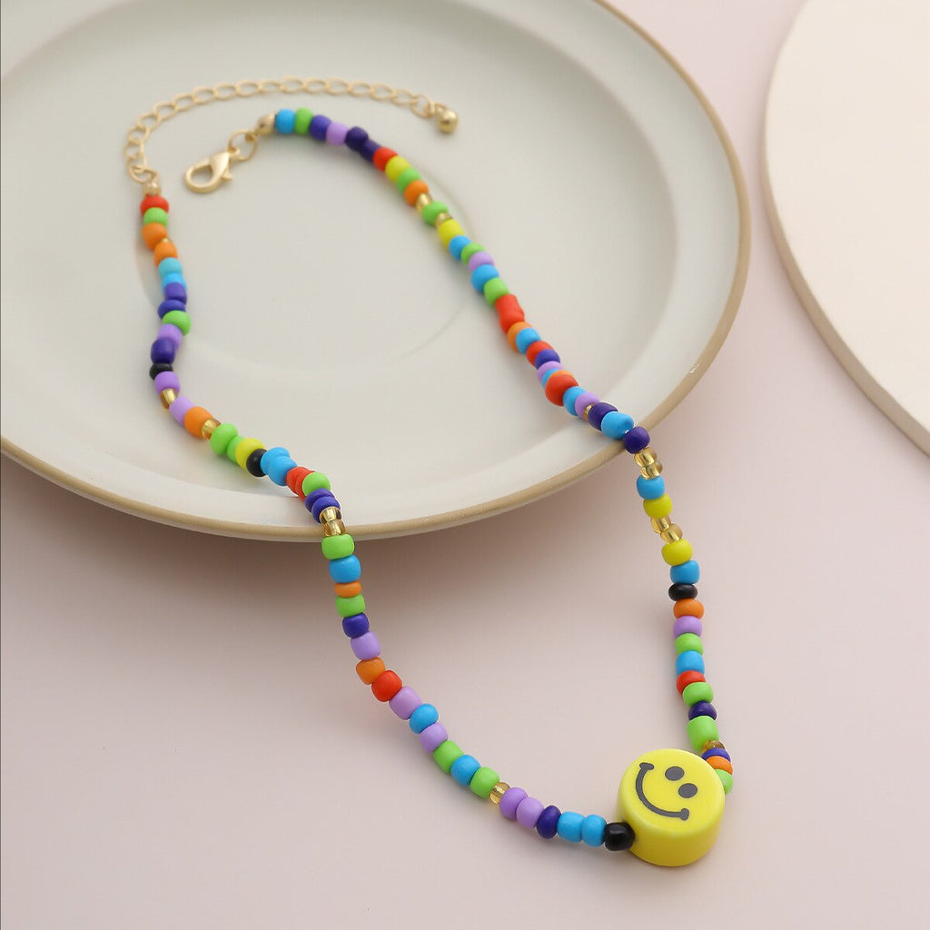 DIEZI Simple Multicolor Acrylic Beads Necklace Women Girls Short Necklace Yellow Smile Face Choker Collares Necklace Jewelry
