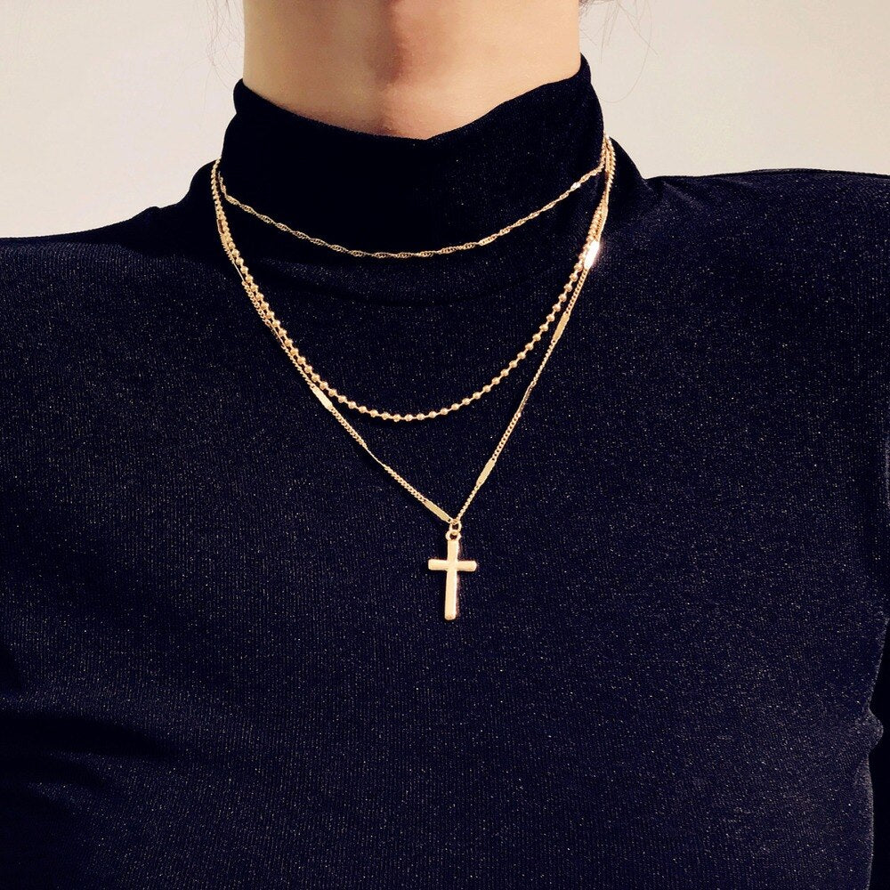 DIEZI Vintage Cross Pendant Necklace For Women Jewelry Boho Gold Silver Color Choker Chain Neckless For Girls Jewellery