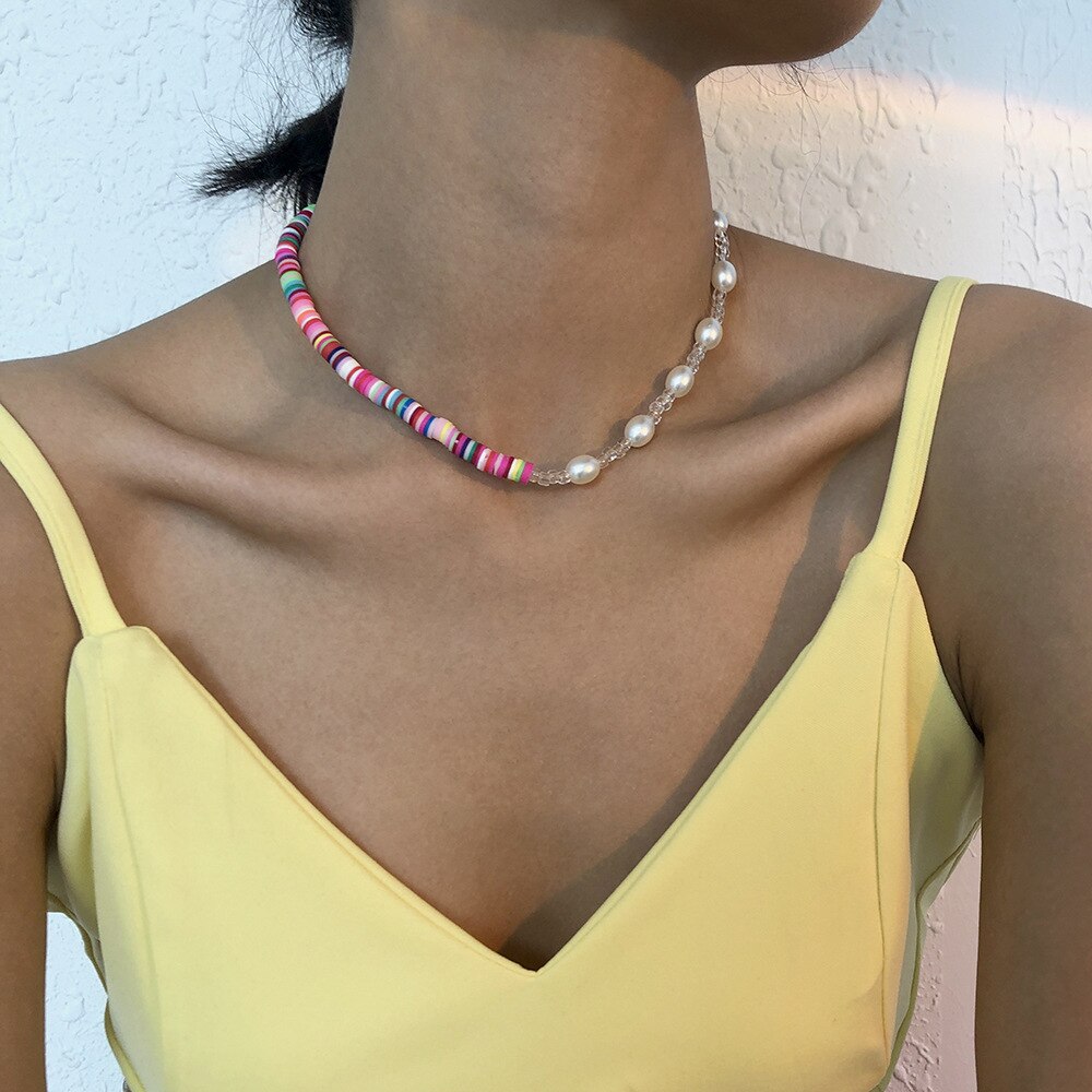 DIEZI Vintage Ethnic Soft Clay Beads Choker Necklace Bohemian Imitation Pearl Chain Necklaces Sweet Girls Women Jewelry