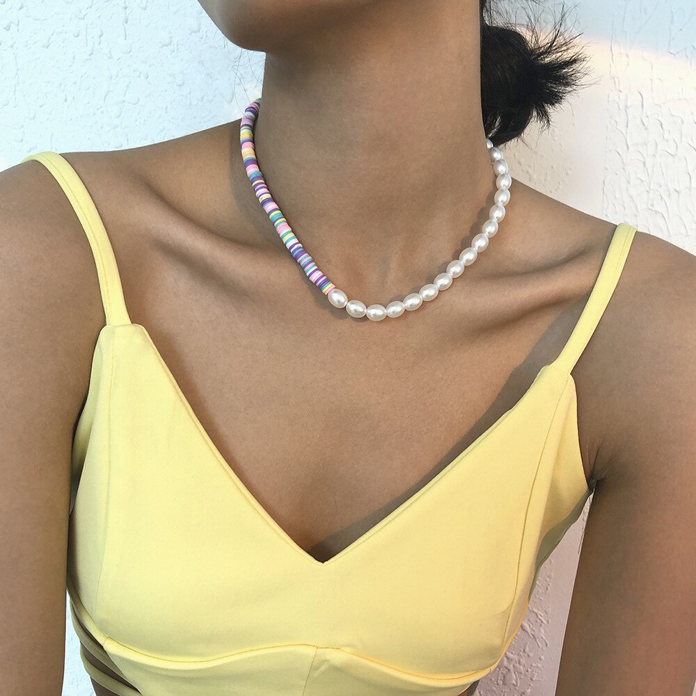 DIEZI Vintage Ethnic Soft Clay Beads Choker Necklace Bohemian Imitation Pearl Chain Necklaces Sweet Girls Women Jewelry