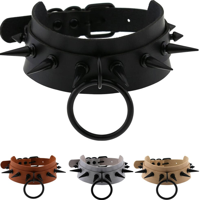 DIEZI Vintage Gothic Harajuku Cosplay Black Rivet Circle PU Leather Choker Necklace For Women Punk Statement Necklaces Jewelry