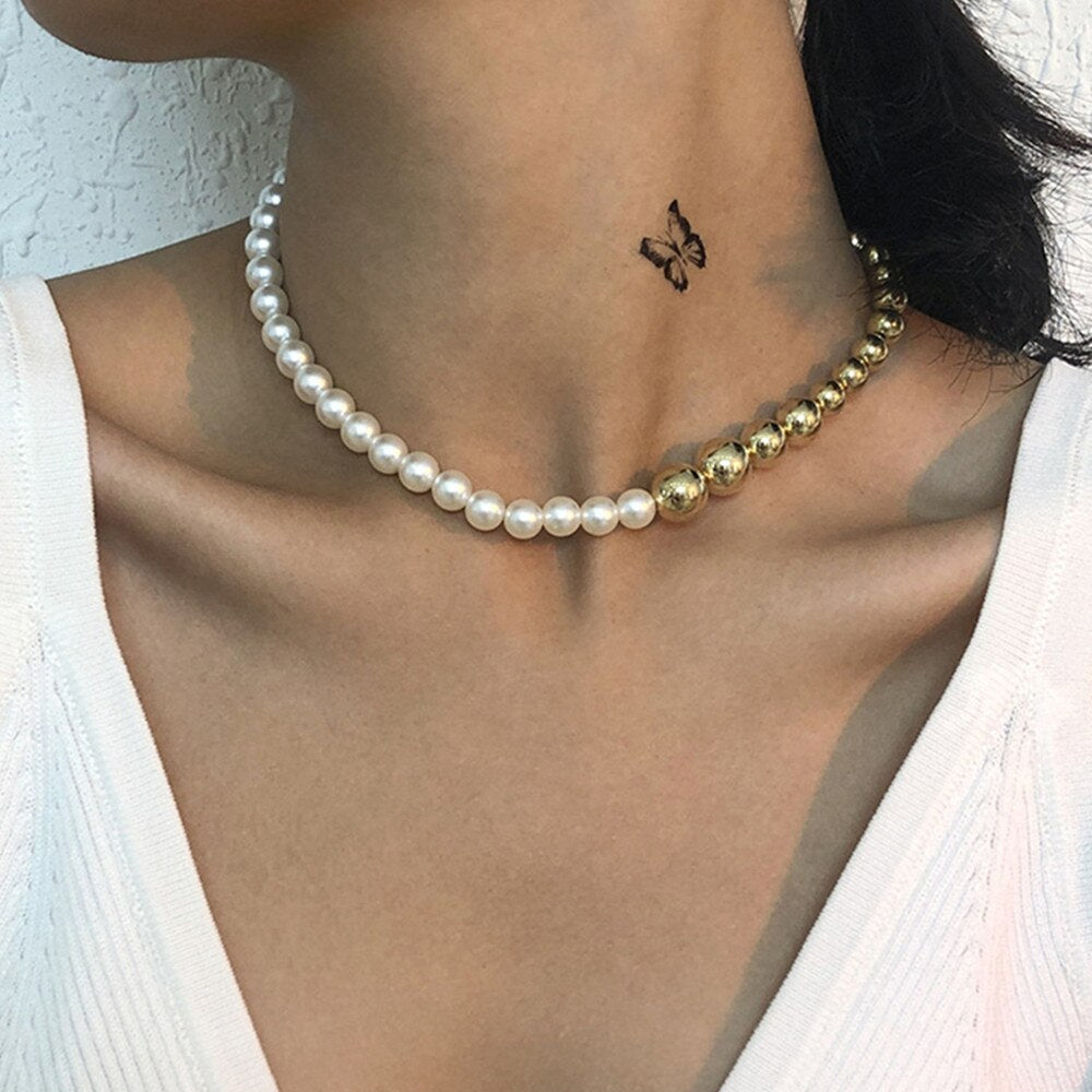 DIEZI Vintage Imitation Pearl Necklace For Girls Clavicle Chain Necklace Gold Color CCB Plastic Beads Necklace Jewelry