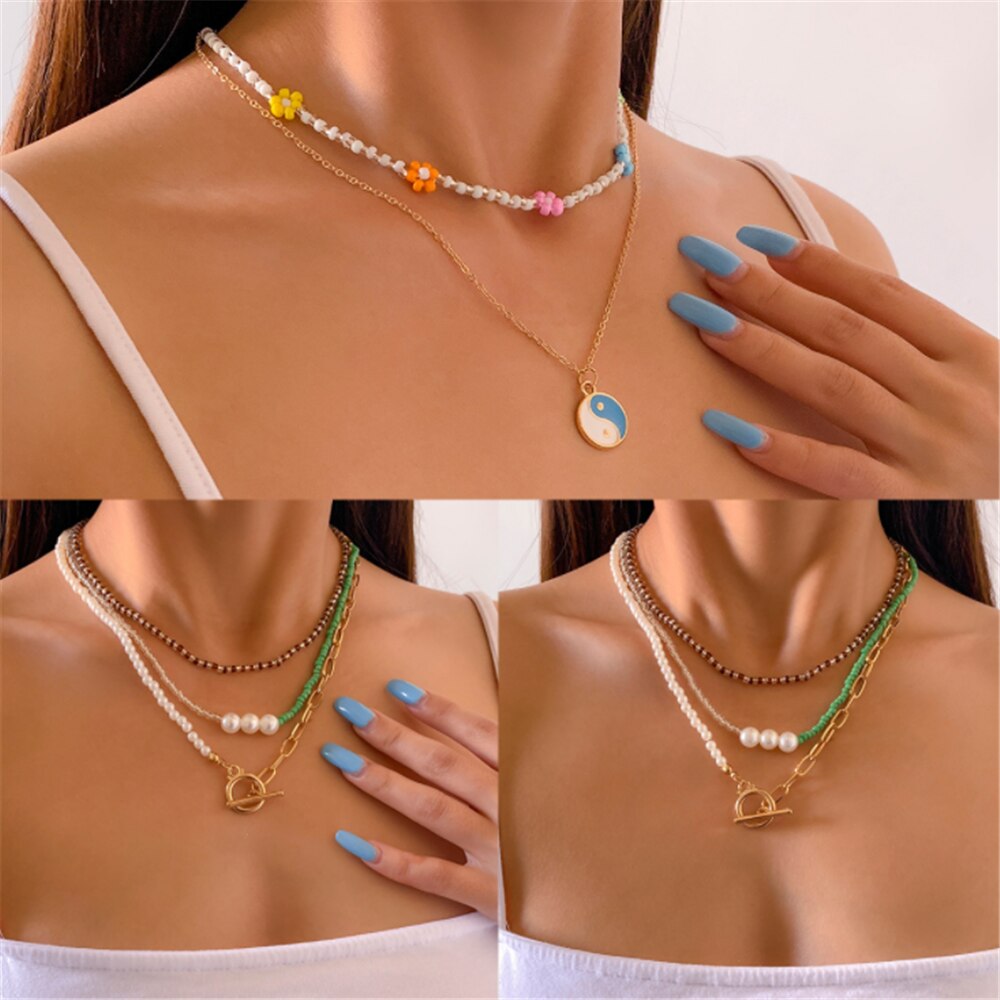 DIEZI Vintage Multilayer Imitation Pearl Choker Necklace For Women Sweet Girls Small Mushroom Clavicle Chain Necklace Jewelry