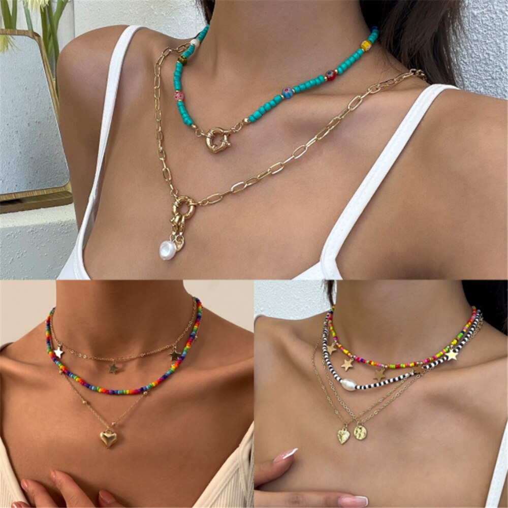 DIEZI Vintage Multilayer Imitation Pearl Choker Necklace For Women Sweet Girls Small Mushroom Clavicle Chain Necklace Jewelry