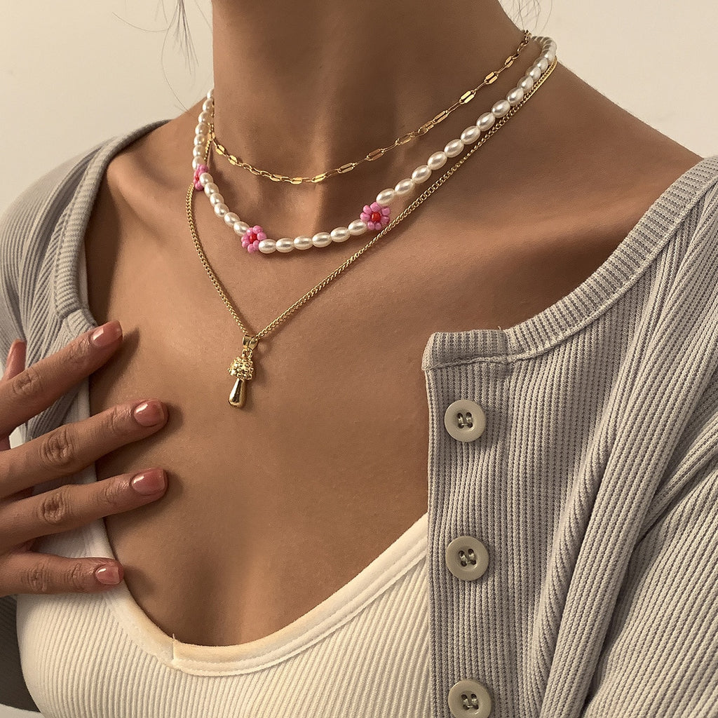 DIEZI Vintage Multilayer Imitation Pearl Choker Necklace For Women Sweet Girls Small Mushroom Clavicle Chain Necklace Jewelry