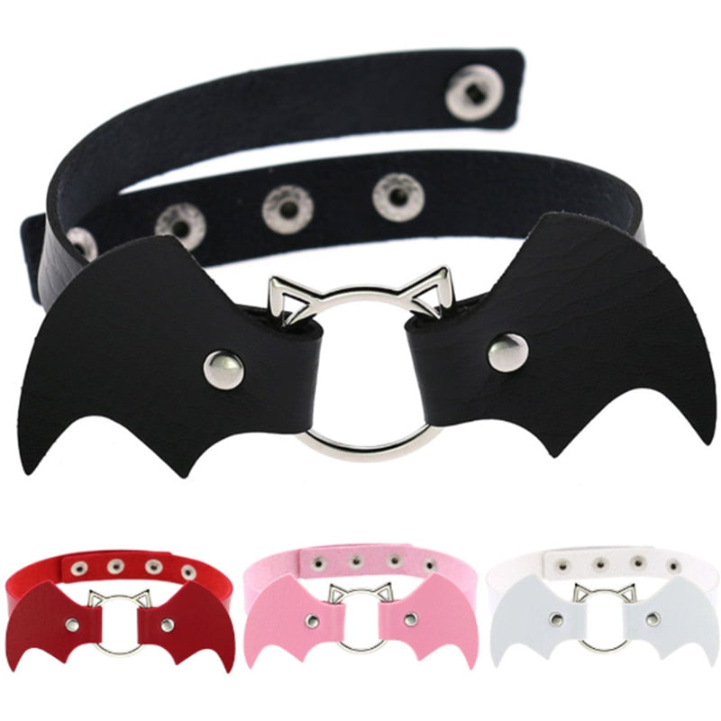 DIEZI Vintage Punk Gothic Harajuku Cosplay Black White PU Leather Bat Choker Necklace For Women Men Statement Necklaces Jewelry