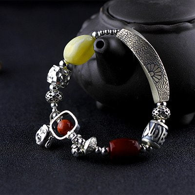 DIY Big Natural Amber Beads 925 Sterling Silver Bracelet Fine Foot Buddhism Lotus Carving Plant Hollow Flower Luxury Gem Jewelry