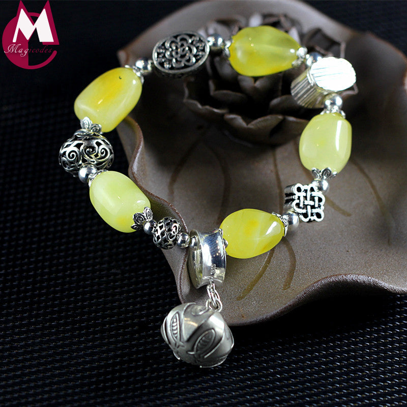 DIY Natural Amber Beeswax Beads Vintage Hollow Chinese Knot Carving Pattern 100% 925 Sterling Silver Women Bracelet Bangle
