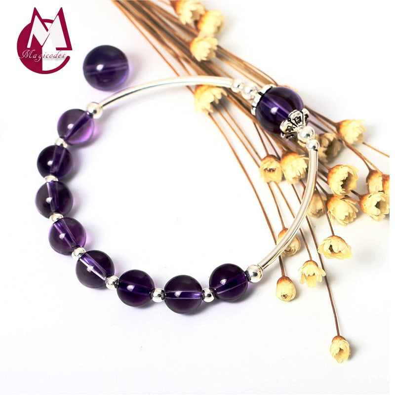8mm 2.1ct 100% Natural Roundness Purple Amethyst 925 Sterling Silver Jewelry Charm Bracelet LMHI035