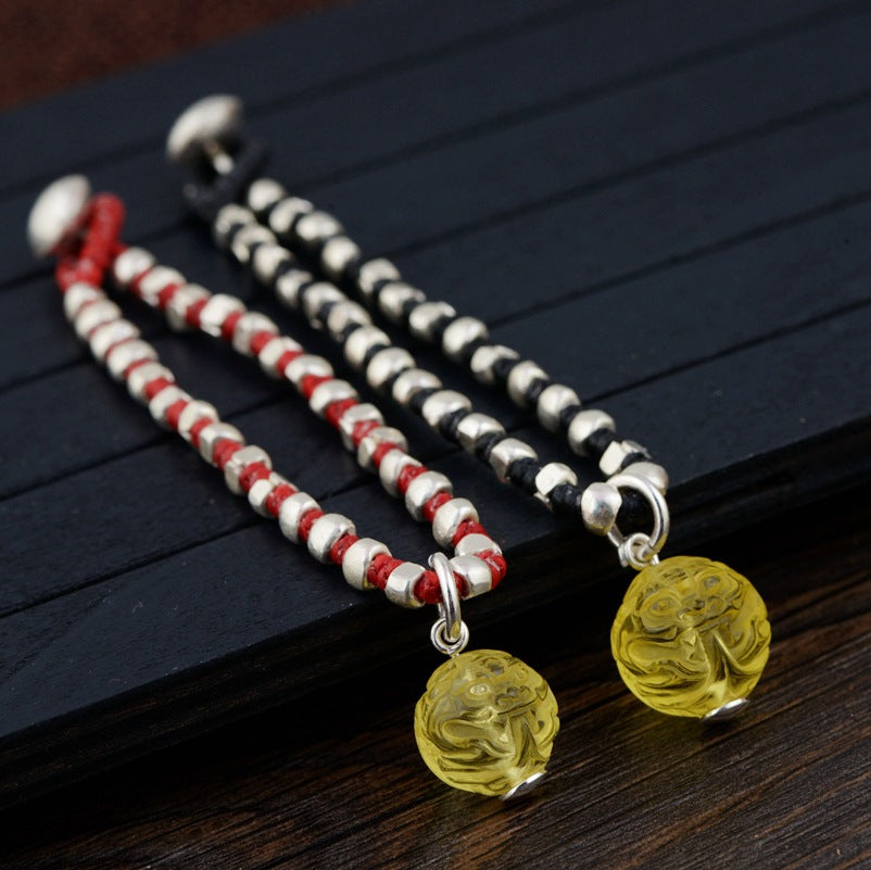 DIY female money hand string of the mythical wild animal oil, wax rope amber round pearl silver bracelet in summer