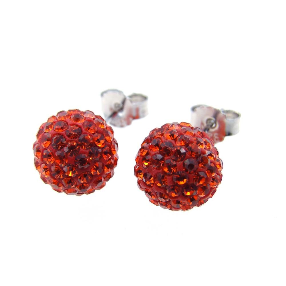 925 Sterling Silver Orange Red Colored 10MM Disco Ball Full of Rhinestone Women Stud Earrings Holid Gifts for Lovers