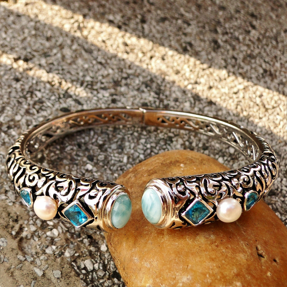 Fine Woman Jewelry Ethnic Bohemian Bangle Natural Larimar Blue Gemstone Bracelet Bangle in 925 Sterling Silver for Lady