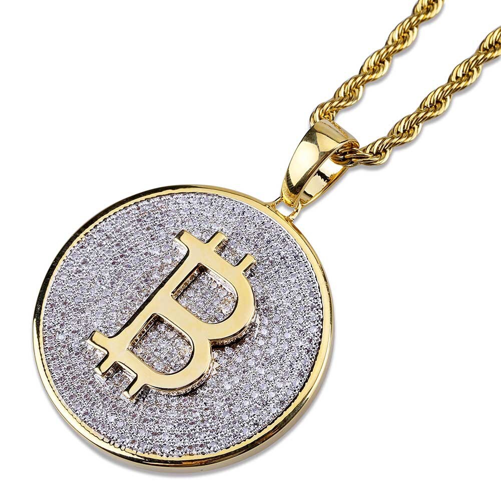 DNSCHIC  Bling Bitcoin Pendant with Micro Inlaid Zircon Hip Hop Pendant Necklace for Men Women Rapper Hip Hop Jewelry Gift