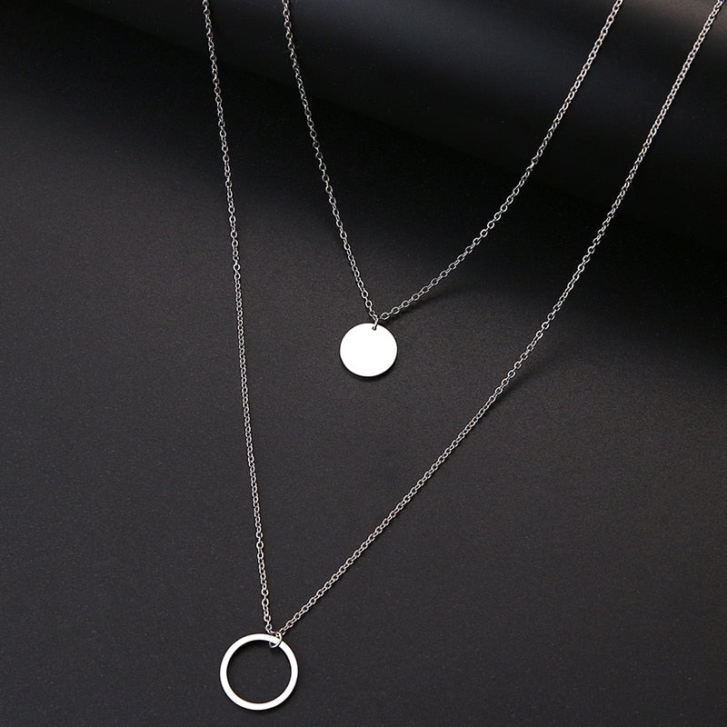 DOTIFI For Women Double Round Geometric Pendant Necklace Stainless Steel Gold and Silver Color Jewelry Gift