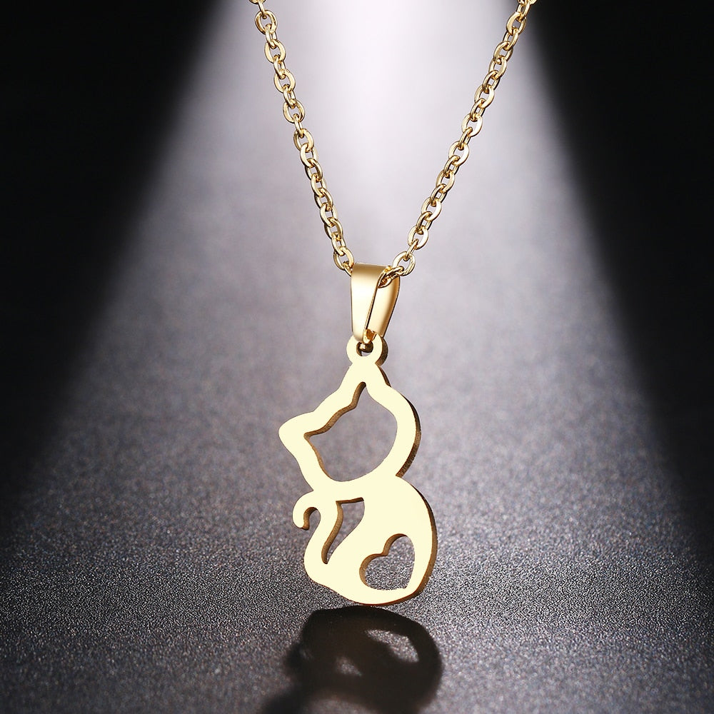 DOTIFI  Stainless Steel Necklace For Women Cute kitten Gold And Silver Color Pendant Necklace Engagement Jewelry