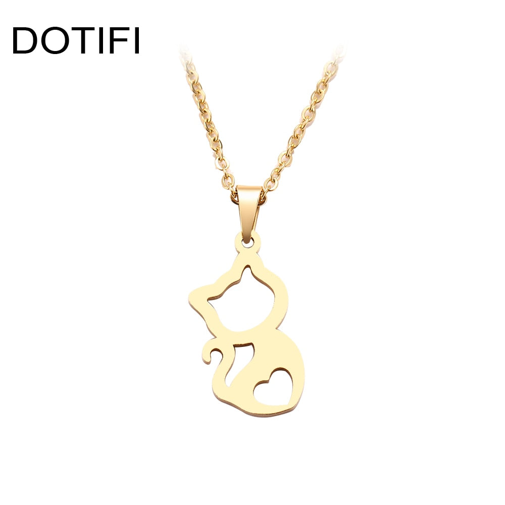 DOTIFI  Stainless Steel Necklace For Women Cute kitten Gold And Silver Color Pendant Necklace Engagement Jewelry
