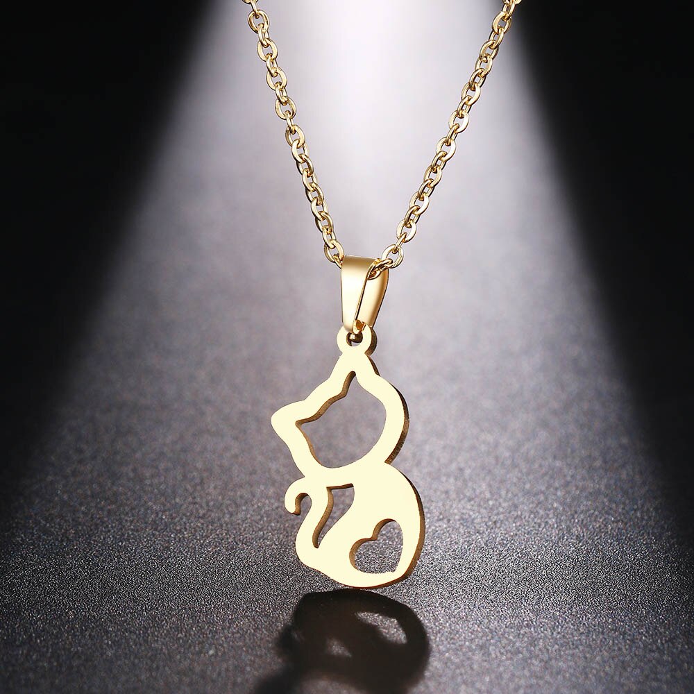 DOTIFI  Stainless Steel Necklace For Women Cute kitten Gold And Silver Color Pendant Necklace Engagement Jewelry