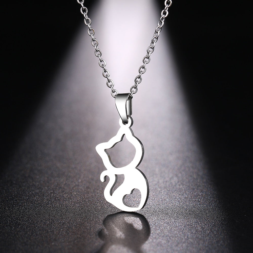 DOTIFI  Stainless Steel Necklace For Women Cute kitten Gold And Silver Color Pendant Necklace Engagement Jewelry