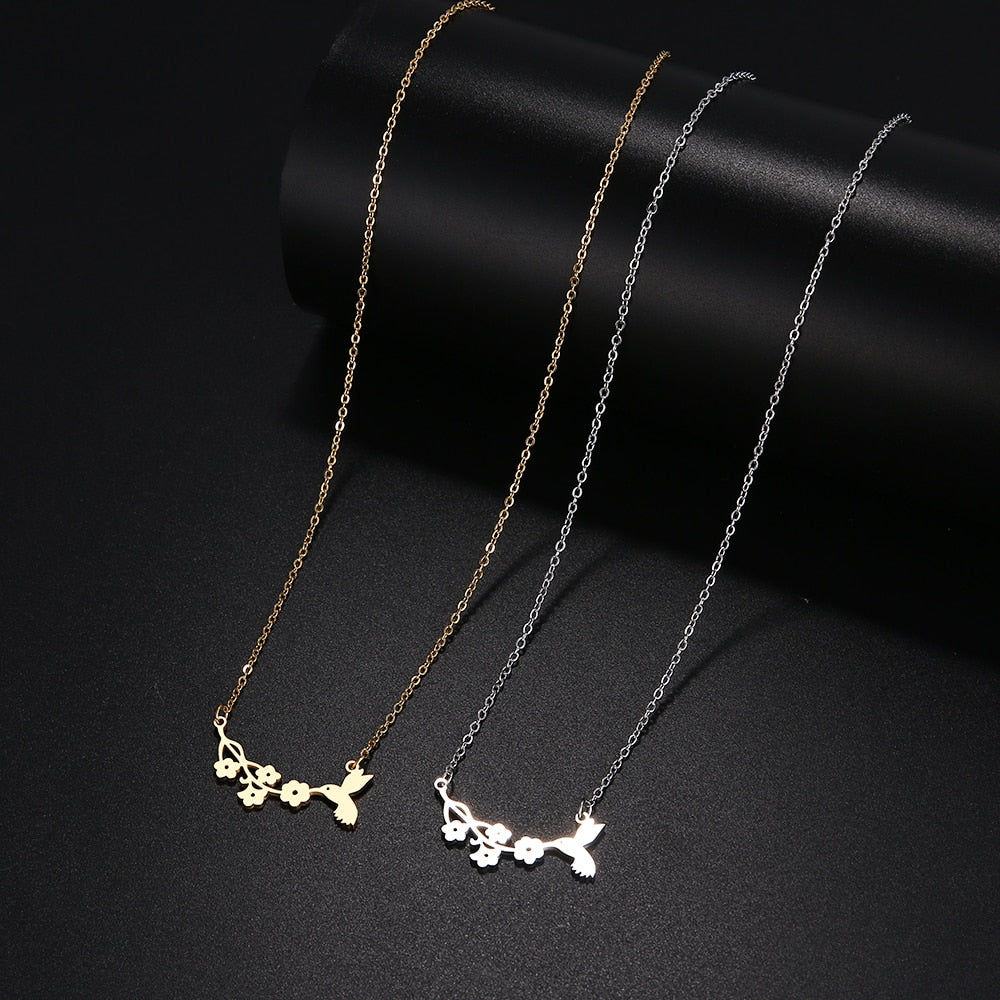 DOTIFI  Stainless Steel Necklace For Women Man Bird And Flower Gold And Silver Color Pendant Necklace Engagement Jewelry