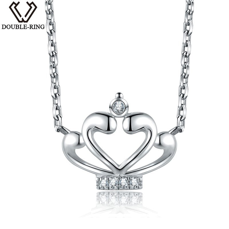 DOUBLE-R 0.03ct Real Diamond Necklace Women Solid 925 Silver Crown Pendant Female Classic Anniversary Gift Diamond Jewelry
