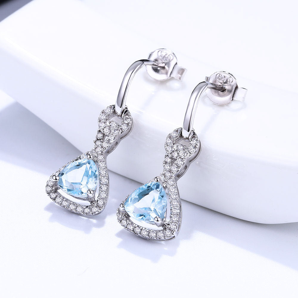 DOUBLE-R 1.33ct Natural Blue Topaz 925 Sterling Silver Drop Earrings Wedding Jewelry Long Earrings for Women Gemstone