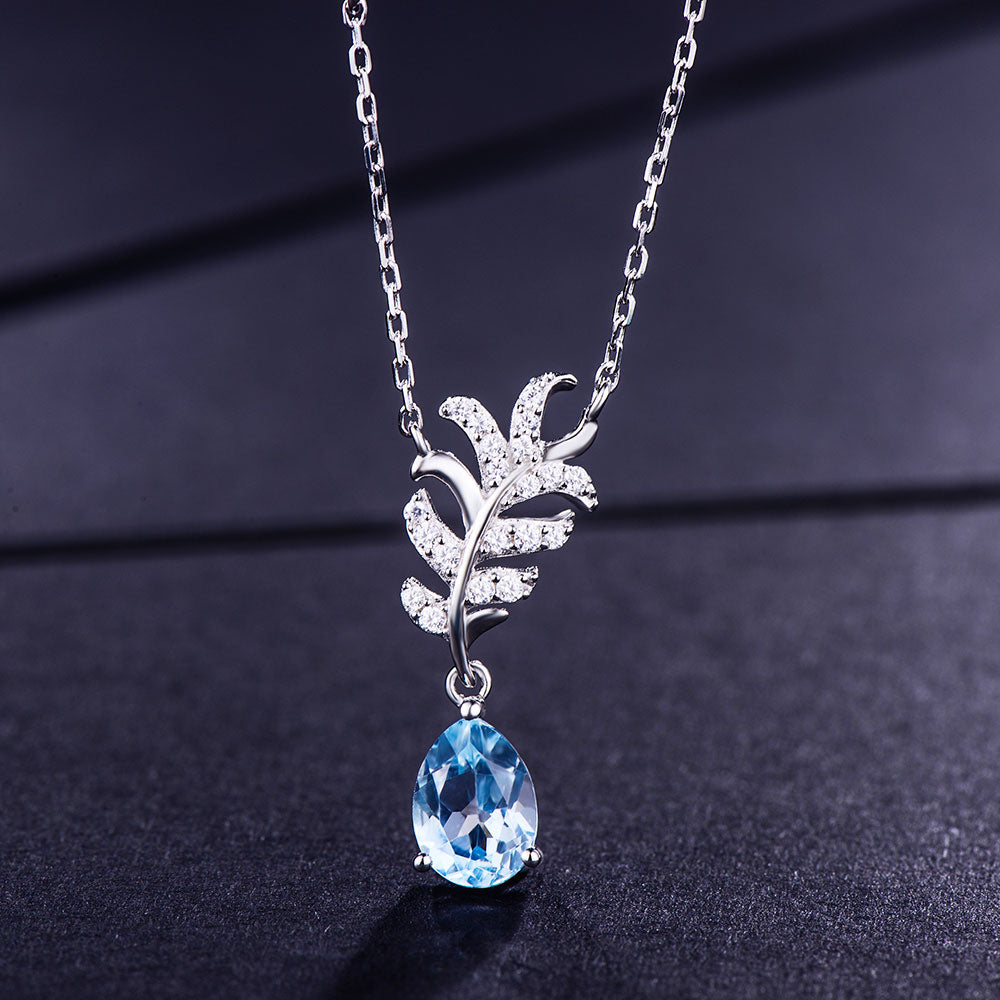 DOUBLE-R 1.5ct Genuine Natural Blue Topaz Pendants Plant Necklaces Real 925 Sterling Silver Fine Wedding Jewelry For Women