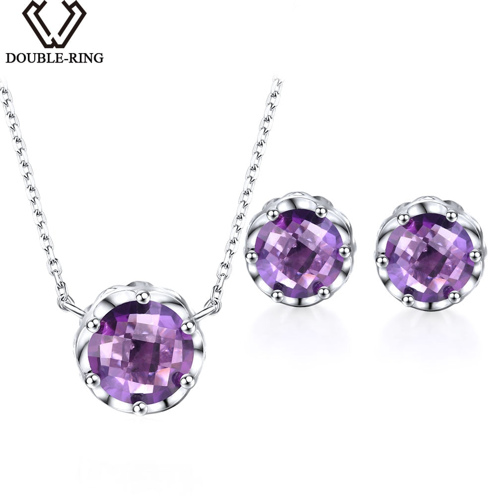 DOUBLE-R 5.2ct Natural Gemstone Amethyst Brand Jewelry Sets Necklace Earrings for Women Wedding Jewelry Sets 925 Sterling Silver