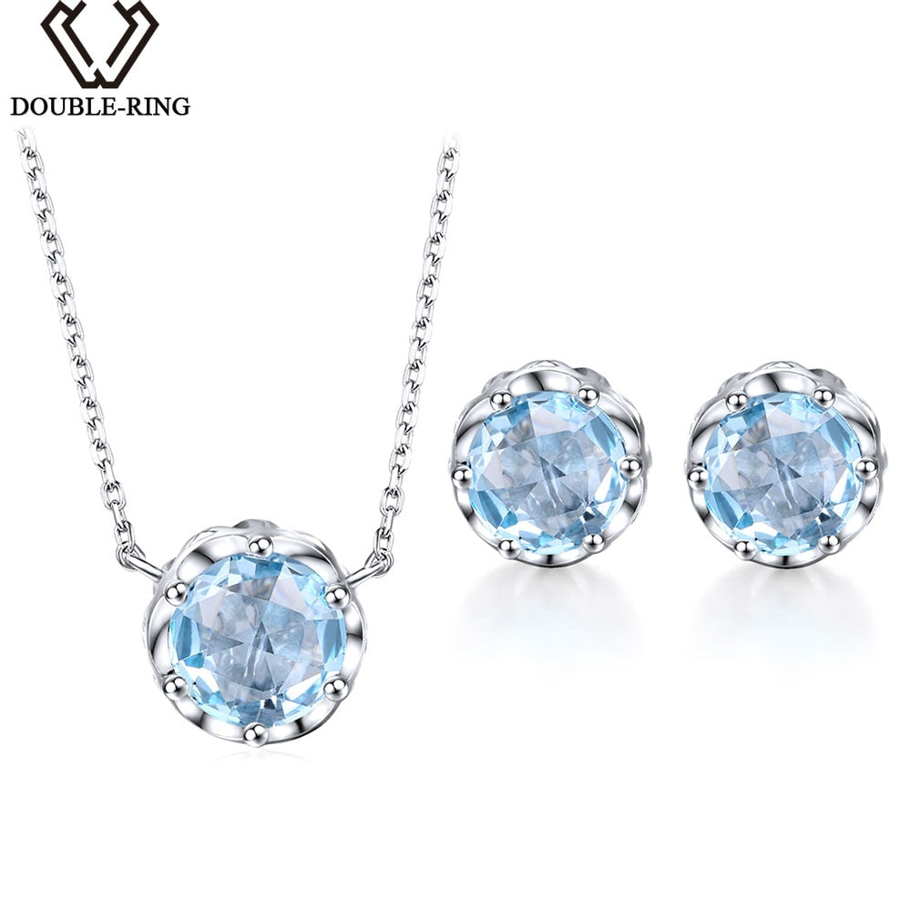 DOUBLE-R 5.83ct Natural Blue Topaz Wedding Jewelry Sets for Women 925 Sterling Silver Round engagement fine Jewelry Set