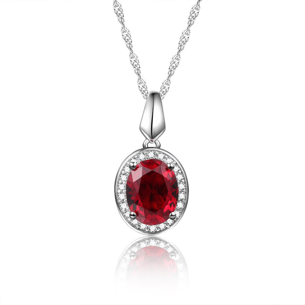 DOUBLE-R Classic 925 Silver Pendant Necklace Created Oval Ruby 2.0ct Gemstone Zircon Pendant for Women Wedding Jewelry