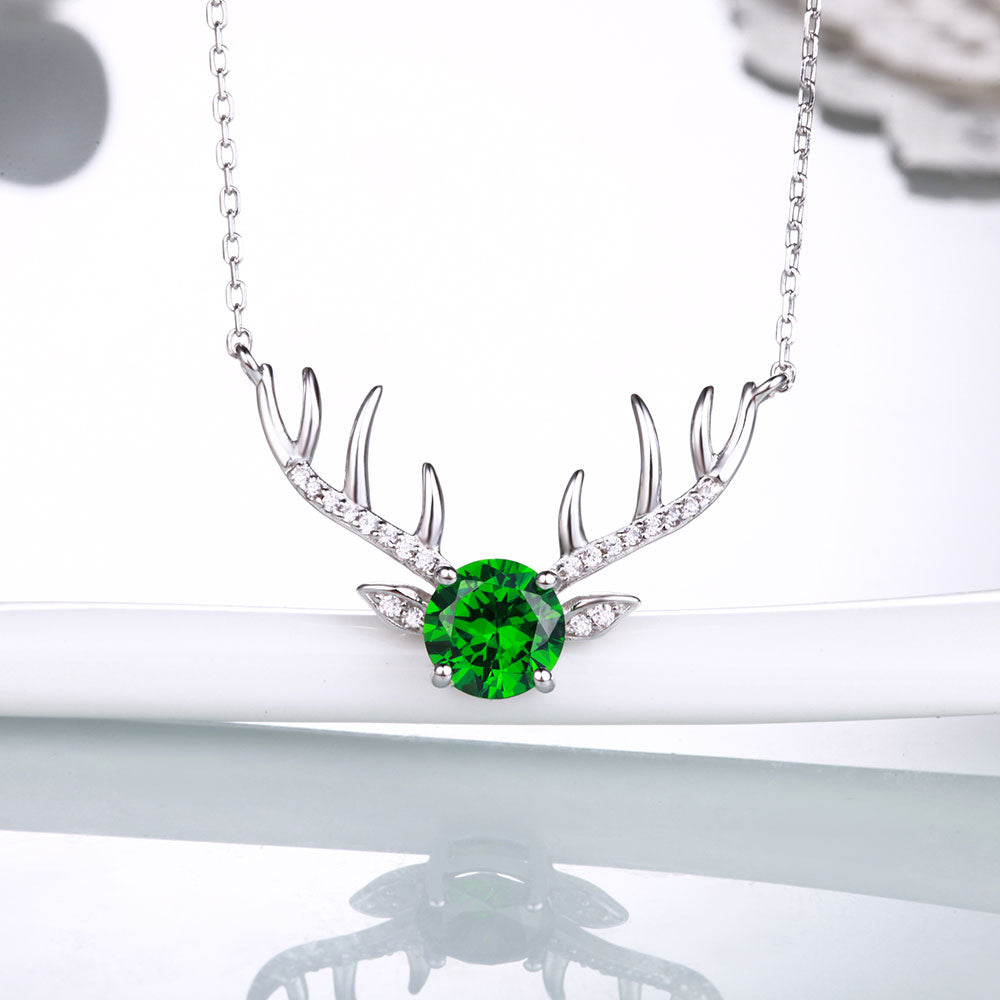 DOUBLE-R Classic Created Emerald Antlers Necklaces Real Solid 925 Sterling Silver Pendants for women Christmas Gifts