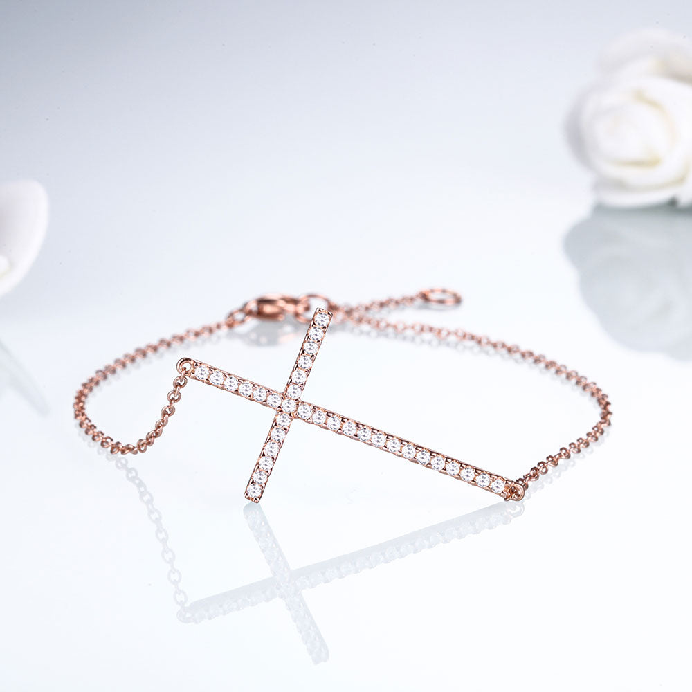 DOUBLE-R Classic Created white Topaz cross Bracelets Fine Jewelry Soild 925 Sterling Silver Rose Gold Bracelets