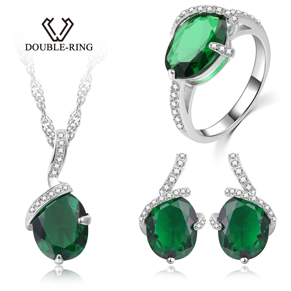 DOUBLE-R Created Emerald Gemstone Engagement Earrings Ring Zircon 925 Chain Necklace Silver Jewelry Set for women